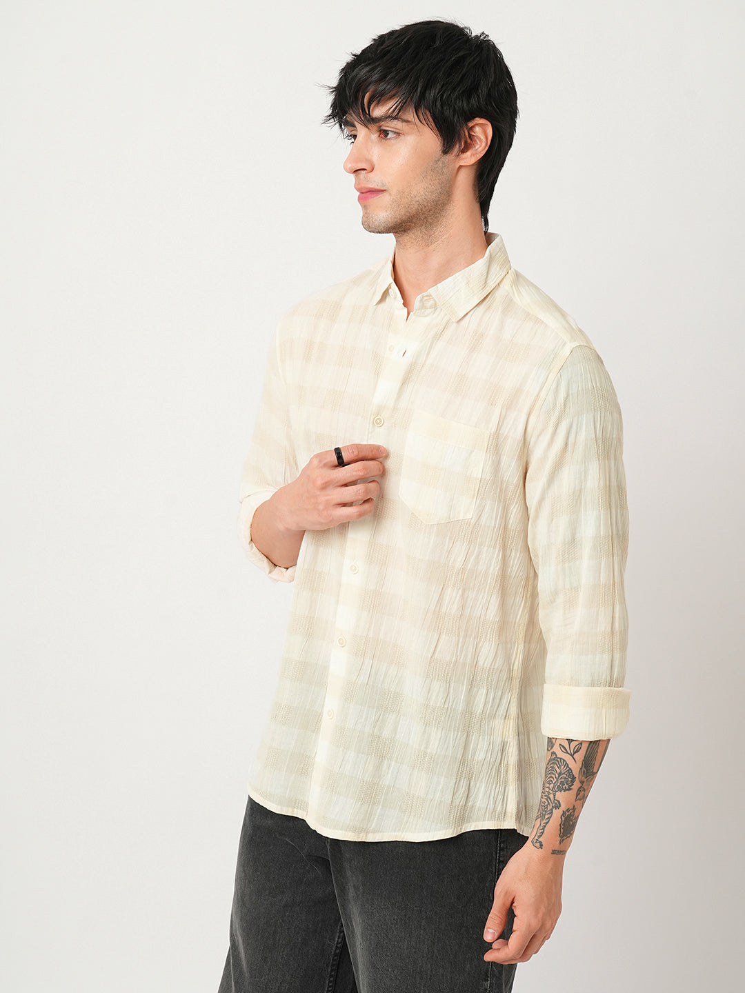 Premium Cotton Ivory Broad Checked Crepe Shirt