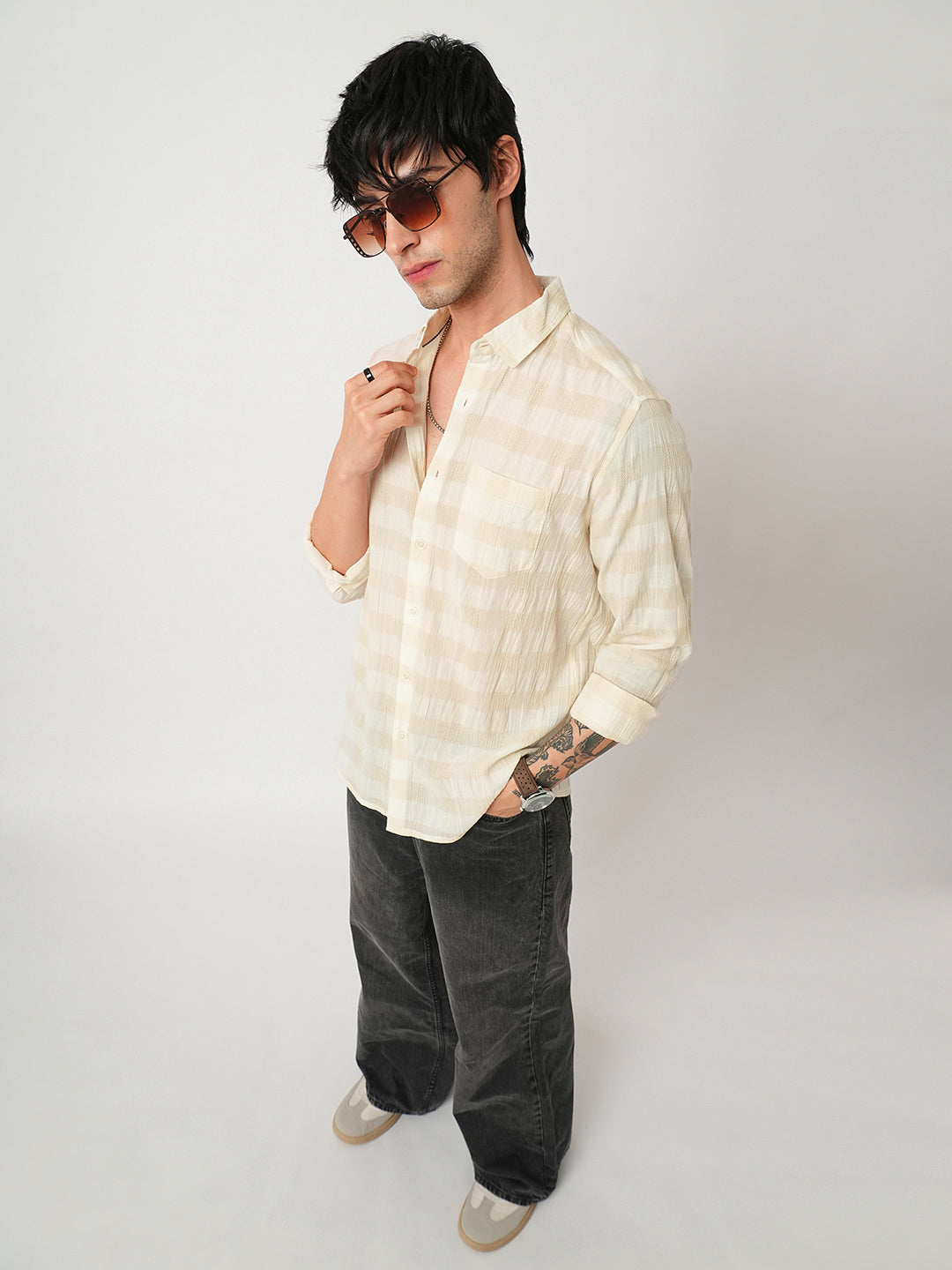 Premium Cotton Ivory Broad Checked Crepe Shirt