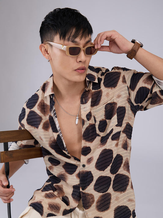 Beige Horizontal Dobby Striped Hawaiian Shirt