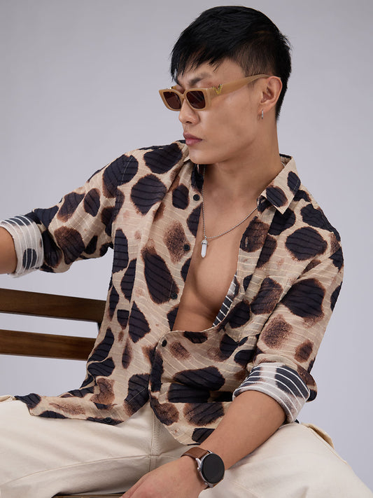 Beige Horizontal Dobby Striped Hawaiian Shirt