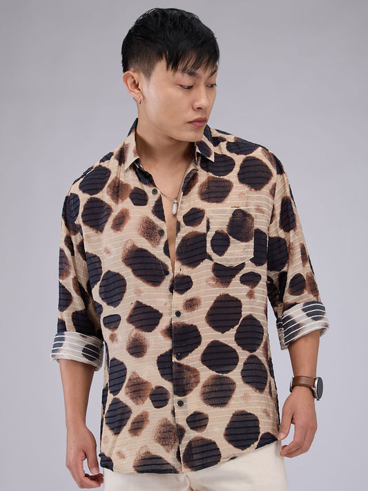 Beige Horizontal Dobby Striped Hawaiian Shirt