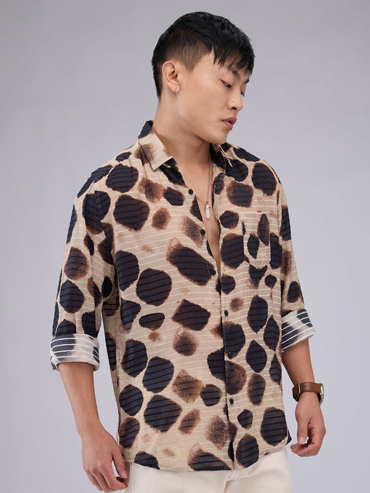 Beige Horizontal Dobby Striped Hawaiian Shirt