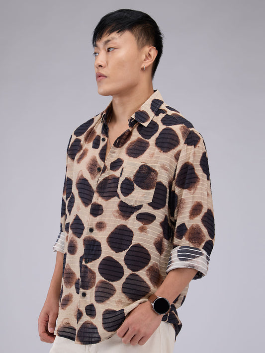 Beige Horizontal Dobby Striped Hawaiian Shirt