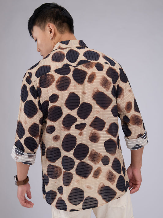 Beige Horizontal Dobby Striped Hawaiian Shirt