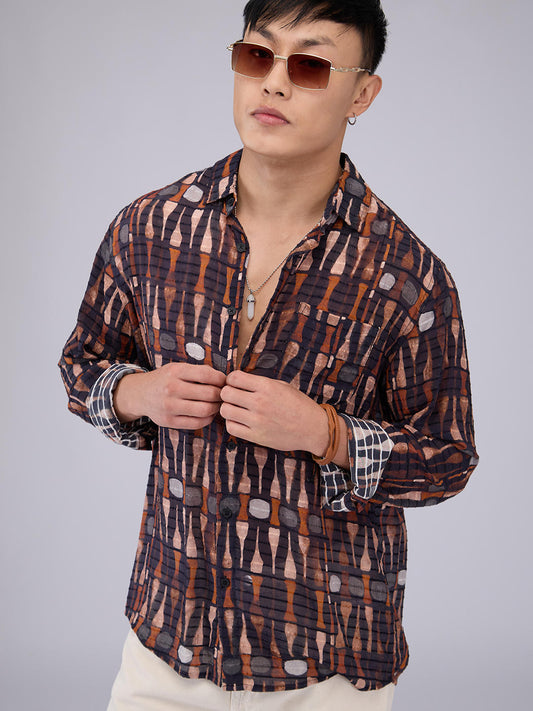 Black Horizontal Dobby Striped Abstract Printed Shirt