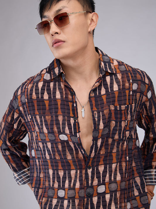 Black Horizontal Dobby Striped Abstract Printed Shirt