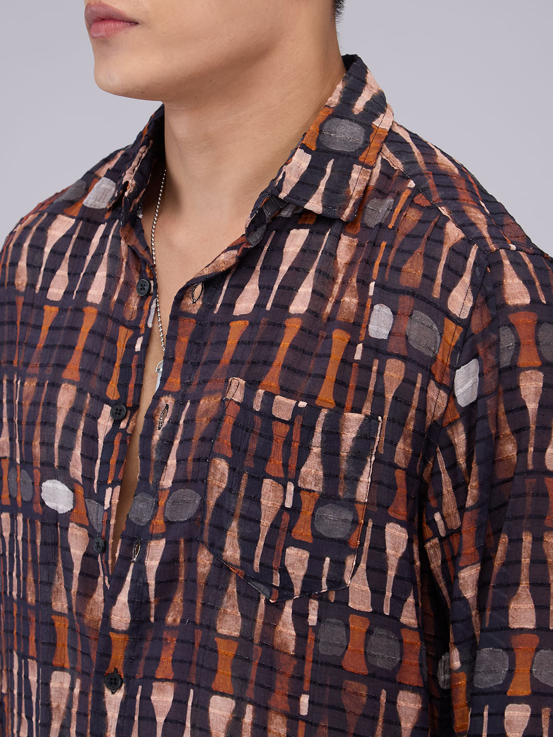 Black Horizontal Dobby Striped Abstract Printed Shirt