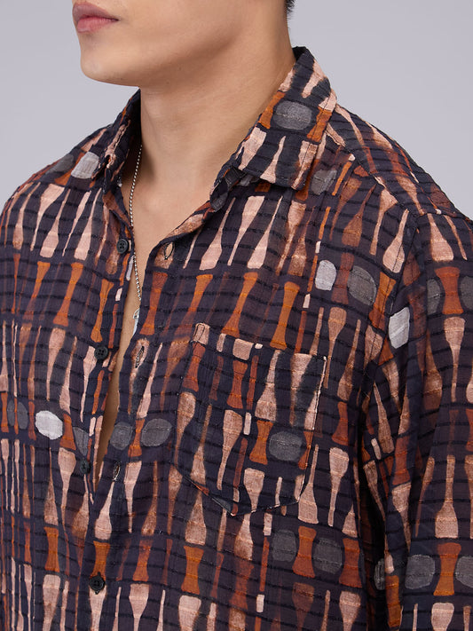 Black Horizontal Dobby Striped Abstract Printed Shirt