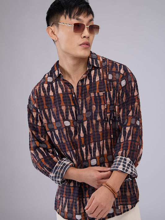 Black Horizontal Dobby Striped Abstract Printed Shirt