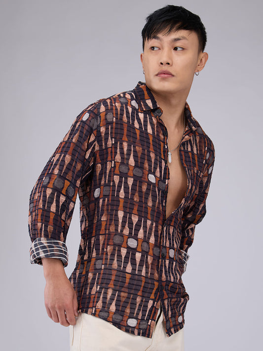 Black Horizontal Dobby Striped Abstract Printed Shirt