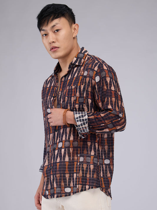 Black Horizontal Dobby Striped Abstract Printed Shirt