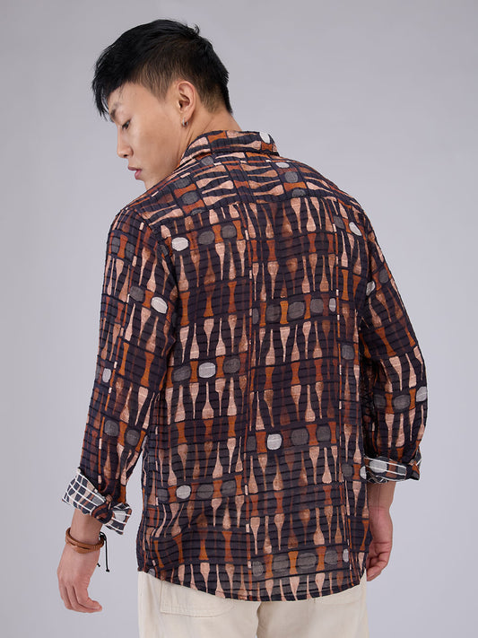 Black Horizontal Dobby Striped Abstract Printed Shirt