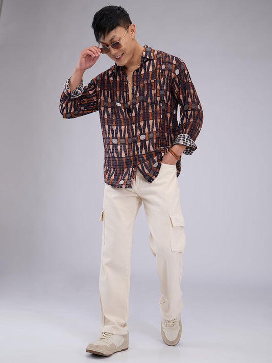 Black Horizontal Dobby Striped Abstract Printed Shirt