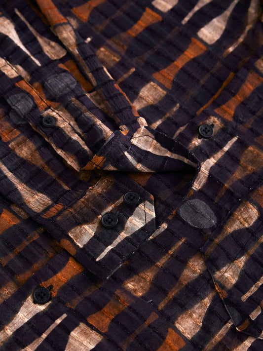 Black Horizontal Dobby Striped Abstract Printed Shirt