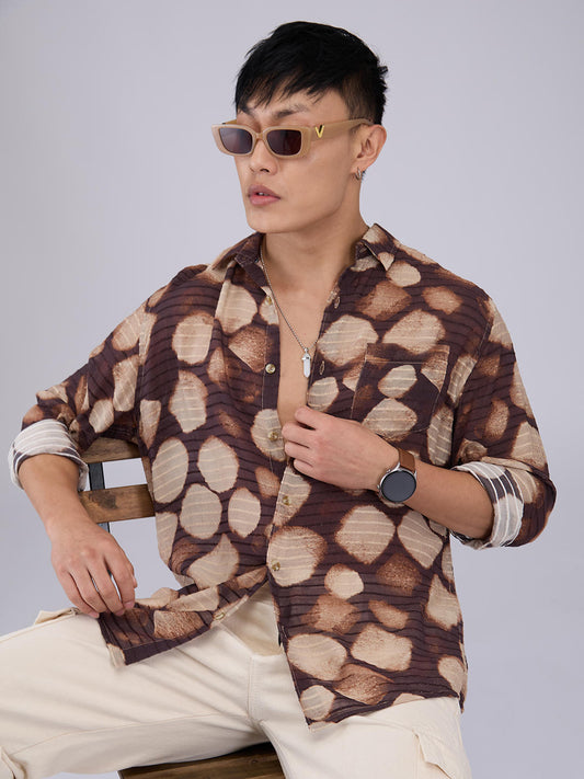 Suave Brown Horizontal Dobby Striped Abstract Printed Shirt