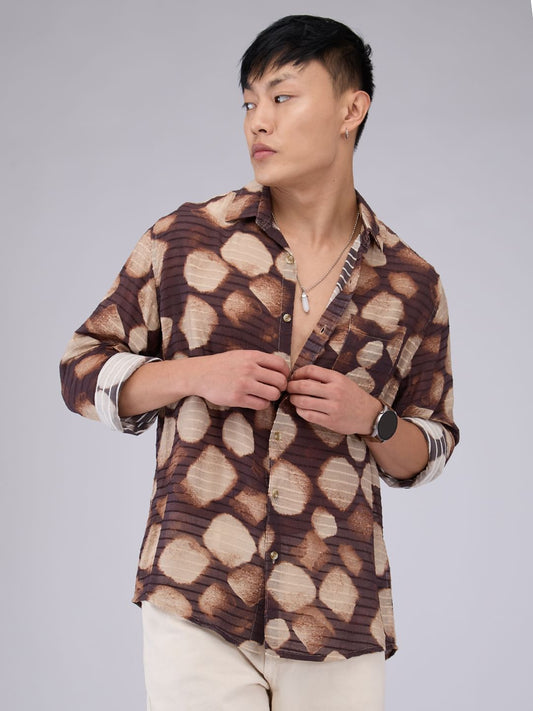 Suave Brown Horizontal Dobby Striped Abstract Printed Shirt