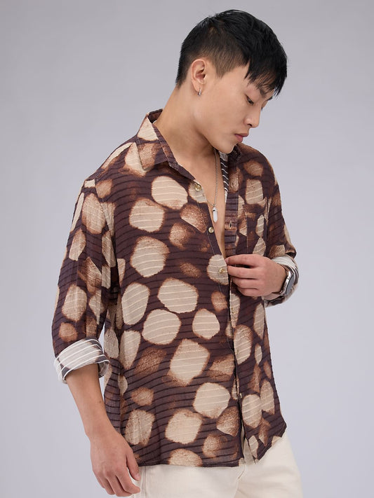 Suave Brown Horizontal Dobby Striped Abstract Printed Shirt