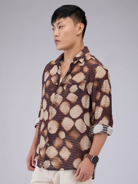 Suave Brown Horizontal Dobby Striped Abstract Printed Shirt
