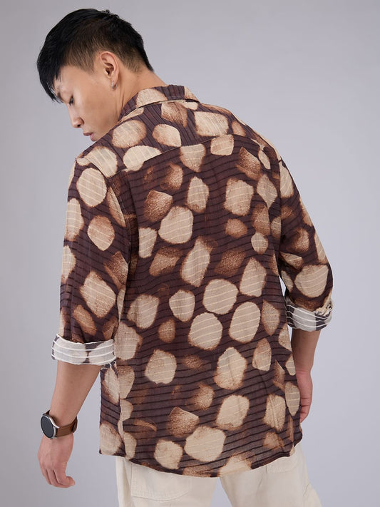 Suave Brown Horizontal Dobby Striped Abstract Printed Shirt