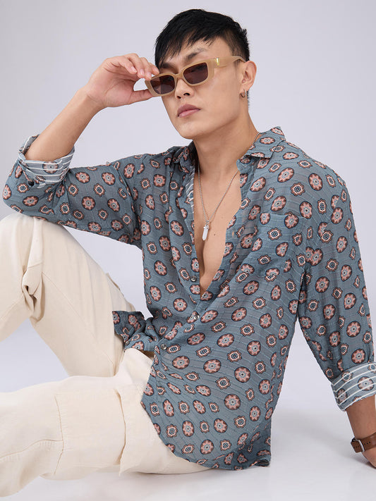 Voguish Grey Motifs Streaky Dobby Shirt