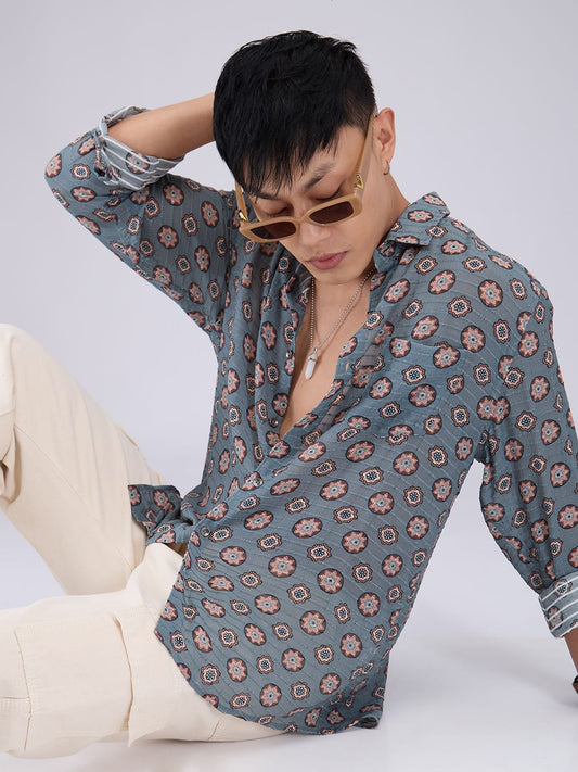 Voguish Grey Motifs Streaky Dobby Shirt