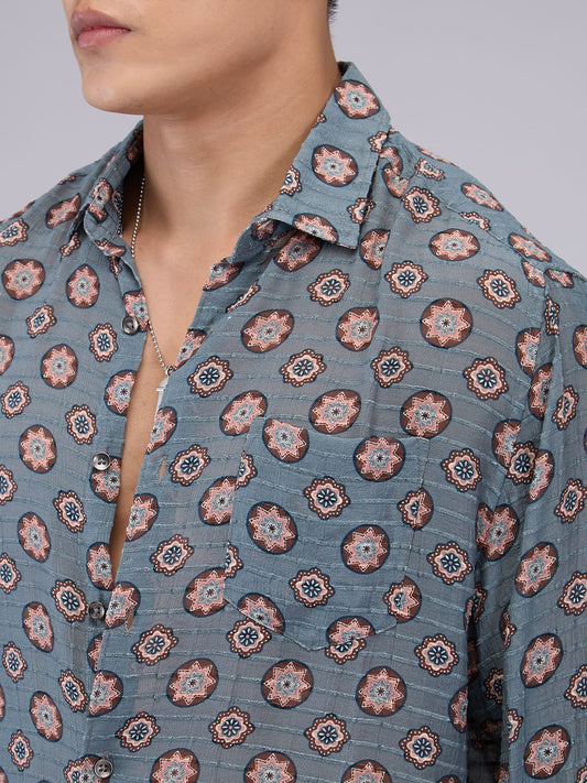 Voguish Grey Motifs Streaky Dobby Shirt