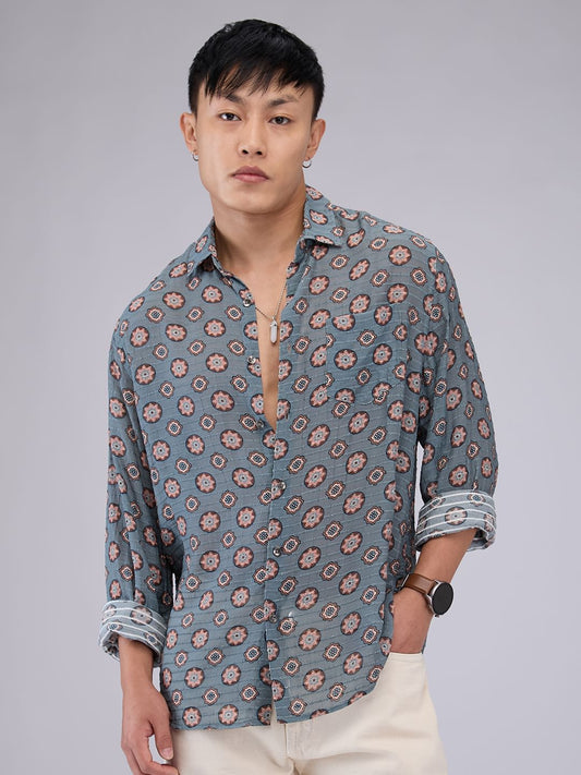Voguish Grey Motifs Streaky Dobby Shirt