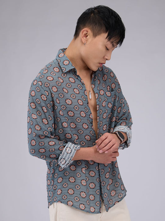 Voguish Grey Motifs Streaky Dobby Shirt