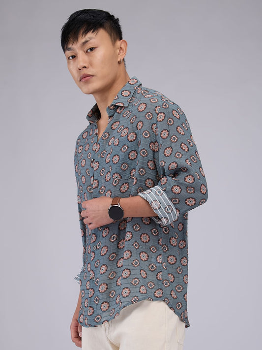 Voguish Grey Motifs Streaky Dobby Shirt