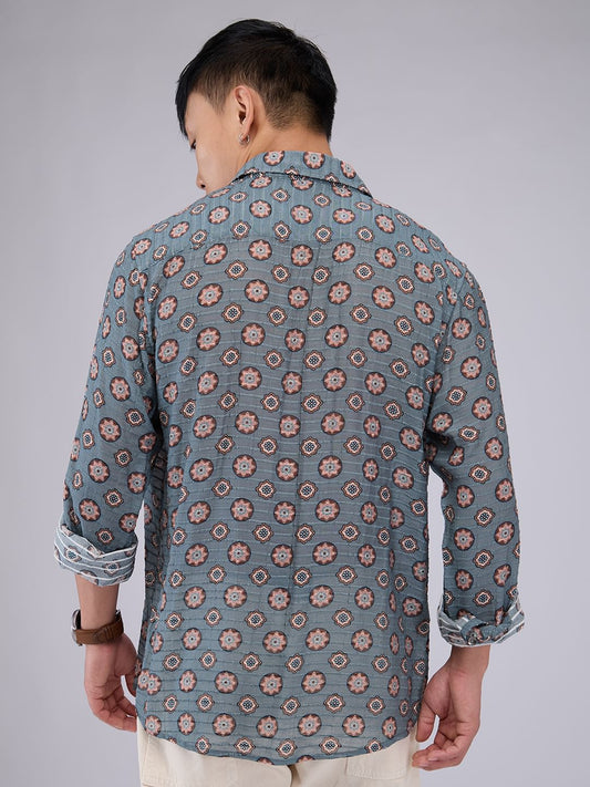 Voguish Grey Motifs Streaky Dobby Shirt