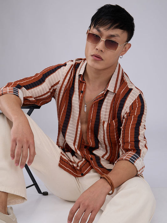 Voguish Brick Red Dobby Striped Shirt