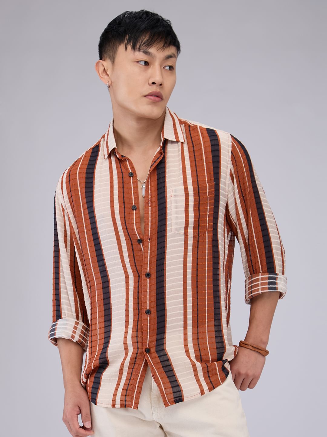 Voguish Brick Red Dobby Striped Shirt