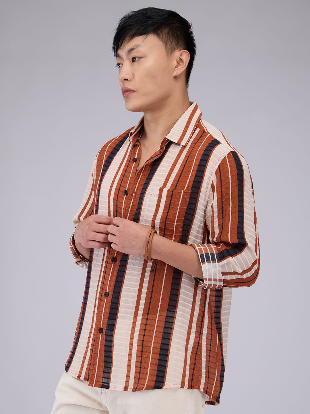 Voguish Brick Red Dobby Striped Shirt