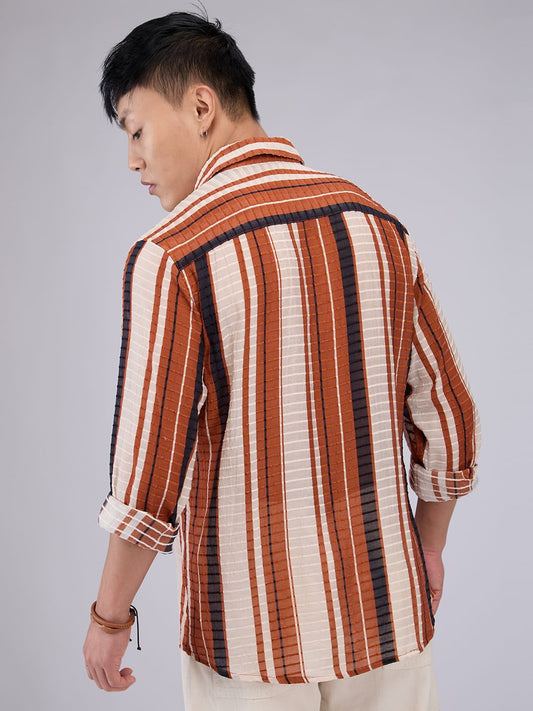 Voguish Brick Red Dobby Striped Shirt