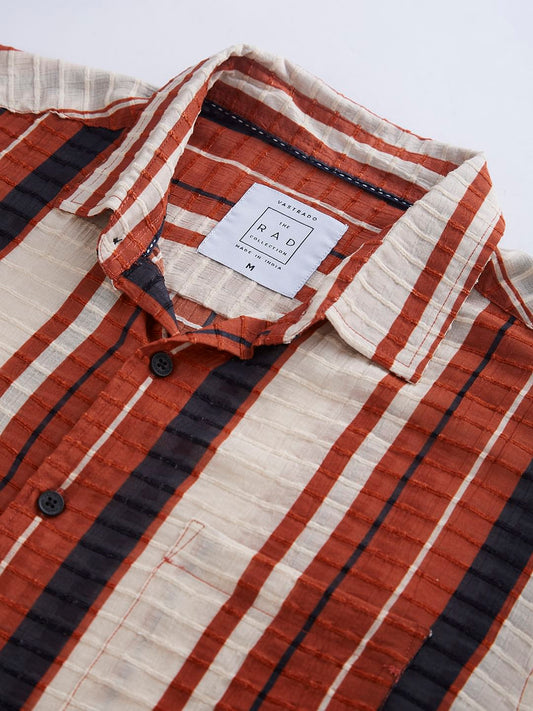 Voguish Brick Red Dobby Striped Shirt