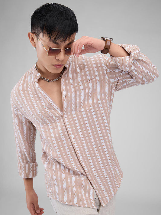 Premium Cotton Vintage Tan Thread Flat-Weave Striped Shirt