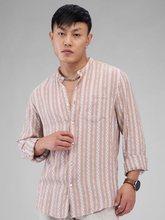 Premium Cotton Vintage Tan Thread Flat-Weave Striped Shirt