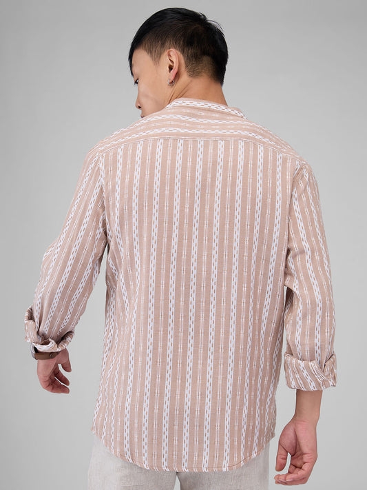 Premium Cotton Vintage Tan Thread Flat-Weave Striped Shirt