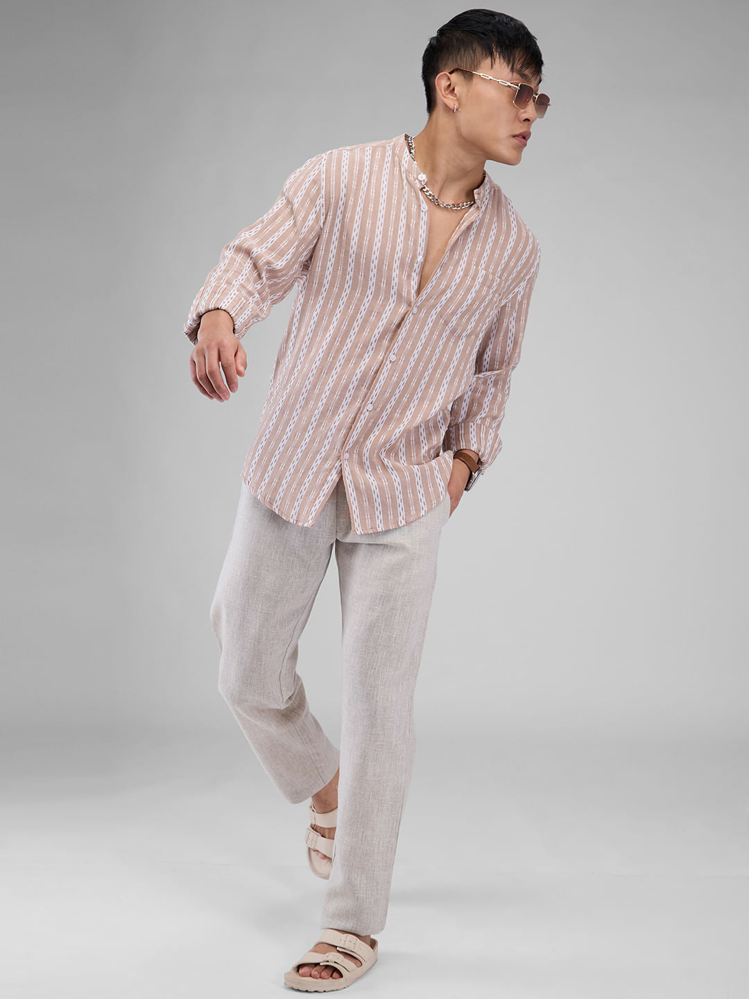 Premium Cotton Vintage Tan Thread Flat-Weave Striped Shirt