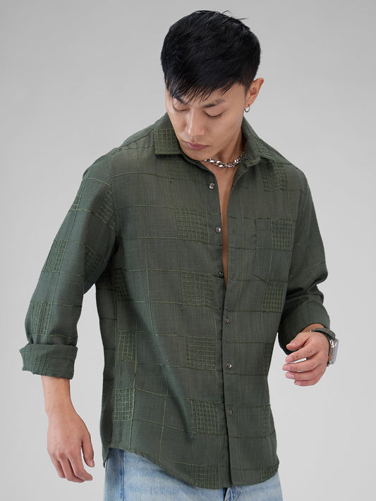 Basil Green Square Embroidered Shirt