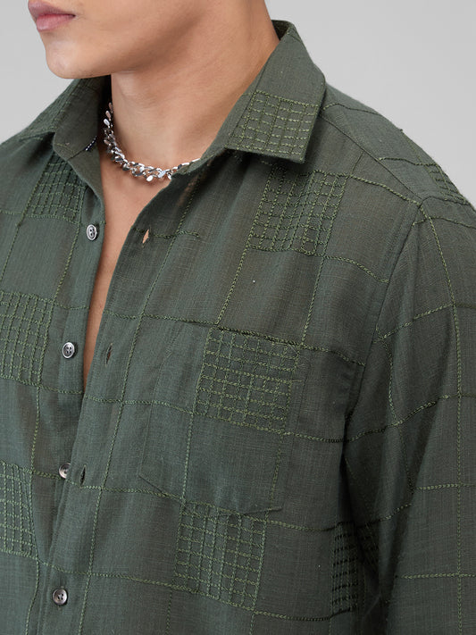 Basil Green Square Embroidered Shirt