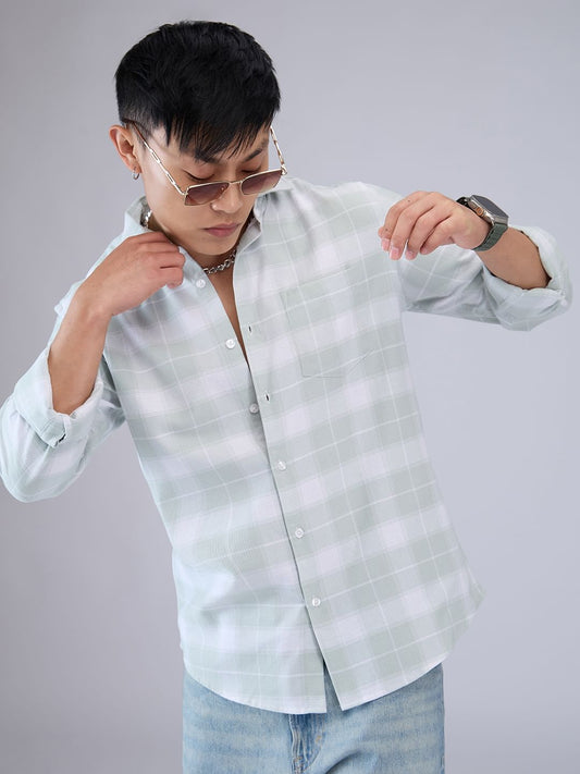 Premium Cotton Pastel Green & White Tartanique Checked Shirt