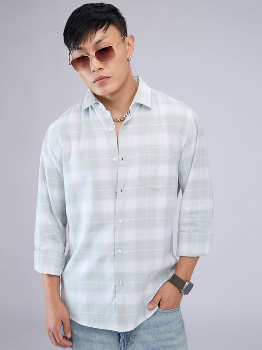 Premium Cotton Pastel Green & White Tartanique Checked Shirt