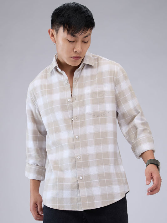 Premium Cotton Greige & White Checkered Shirt