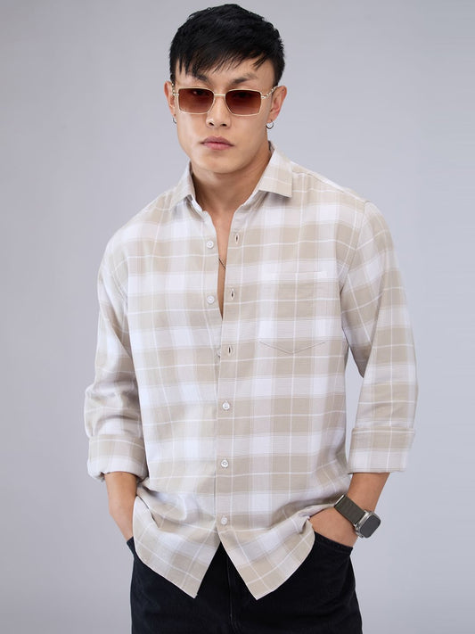 Premium Cotton Greige & White Checkered Shirt