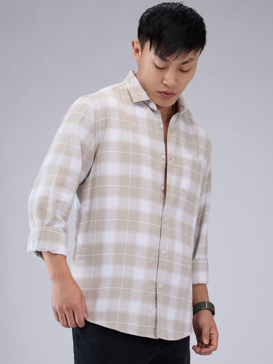 Premium Cotton Greige & White Checkered Shirt