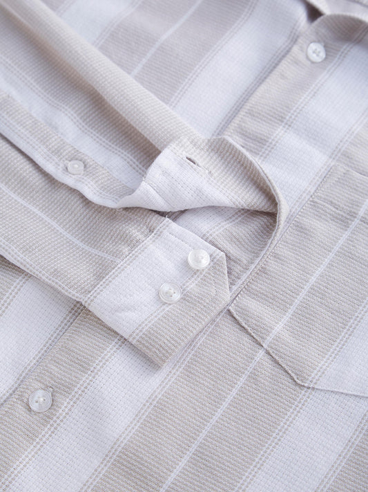 Premium Cotton Greige & White Broad Striped Shirt