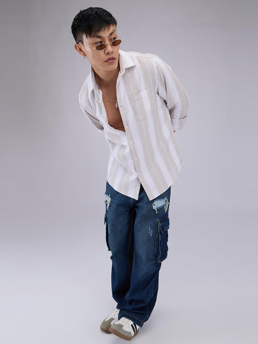 Premium Cotton Greige & White Broad Striped Shirt