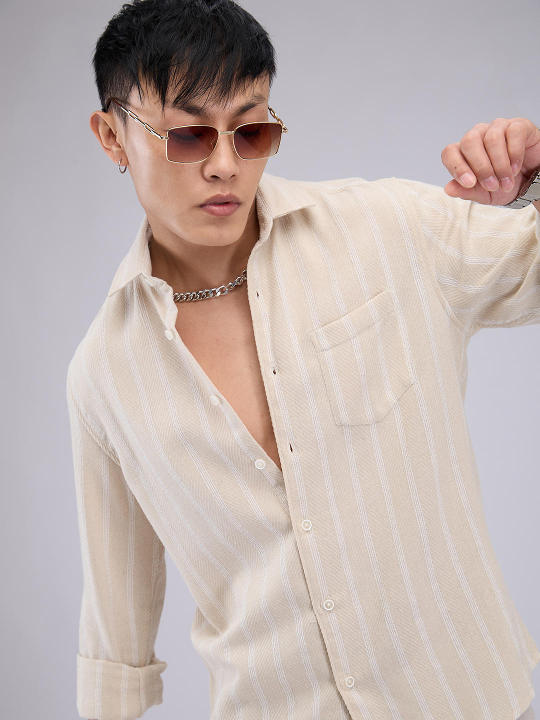 Beige & White Dobby Striped Shirt