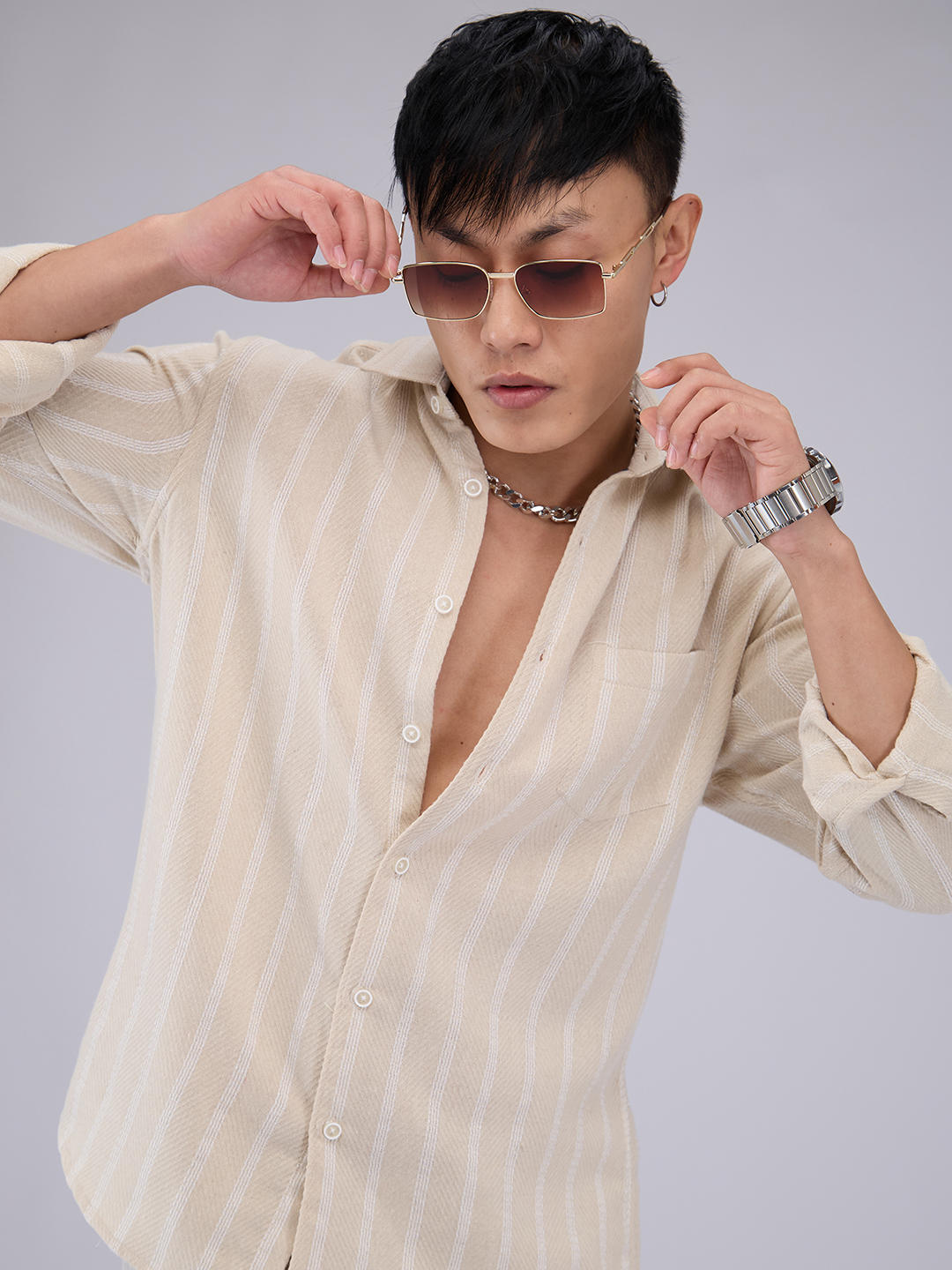 Beige & White Dobby Striped Shirt